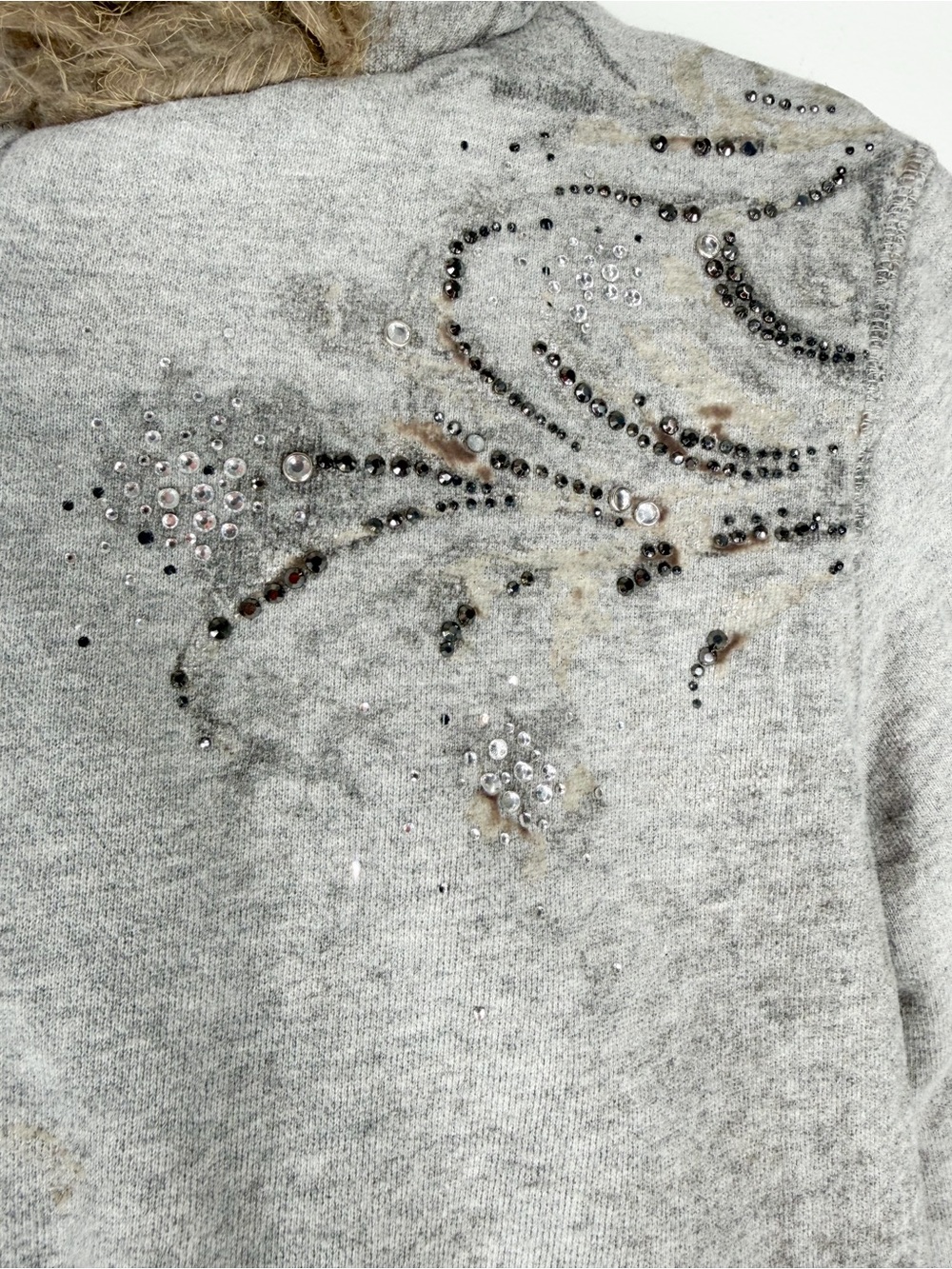 Vintage Miss Me Y2K Gray Faux Fur Lined Bling Hooded Zip Up Sweater Size Medium - Picture 5 of 13
